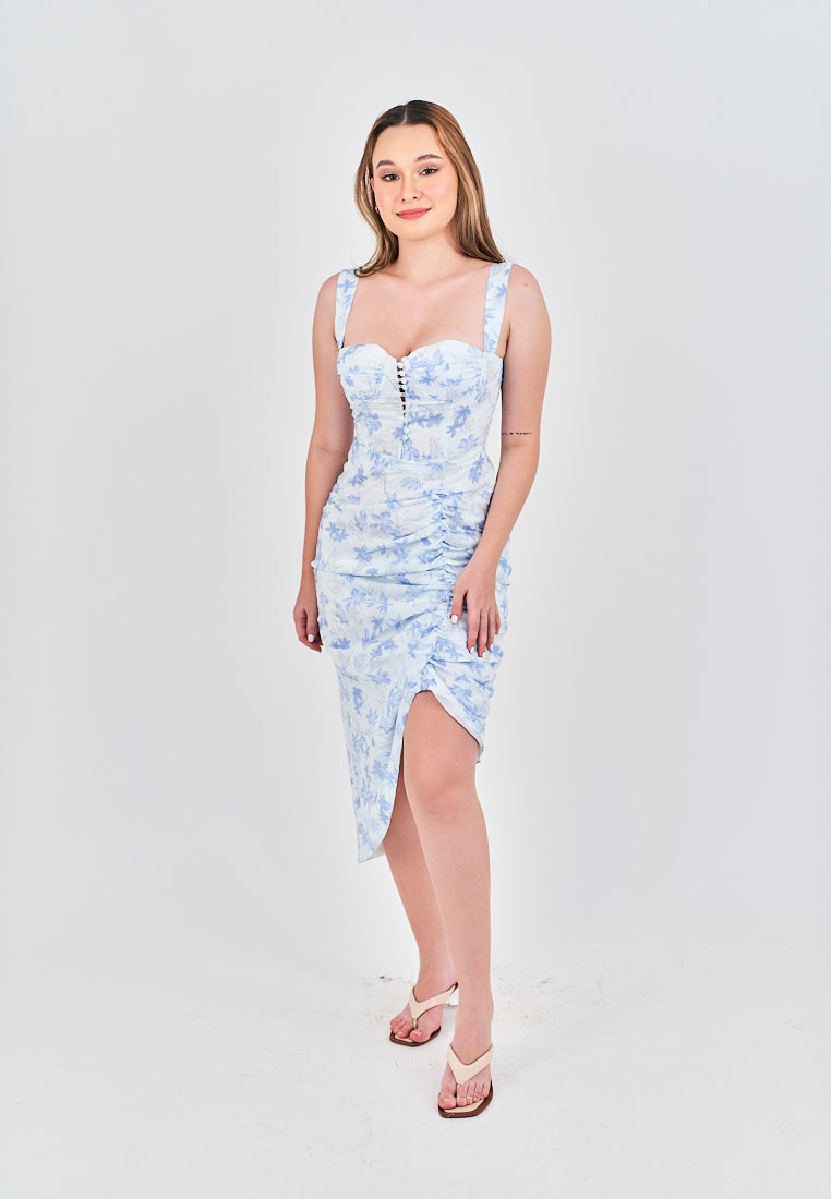 Cassie Baby Blue Floral Print Sweetheart Neckline Ruched Side Asymmetrical Skirt Self-Tie Mini Dress