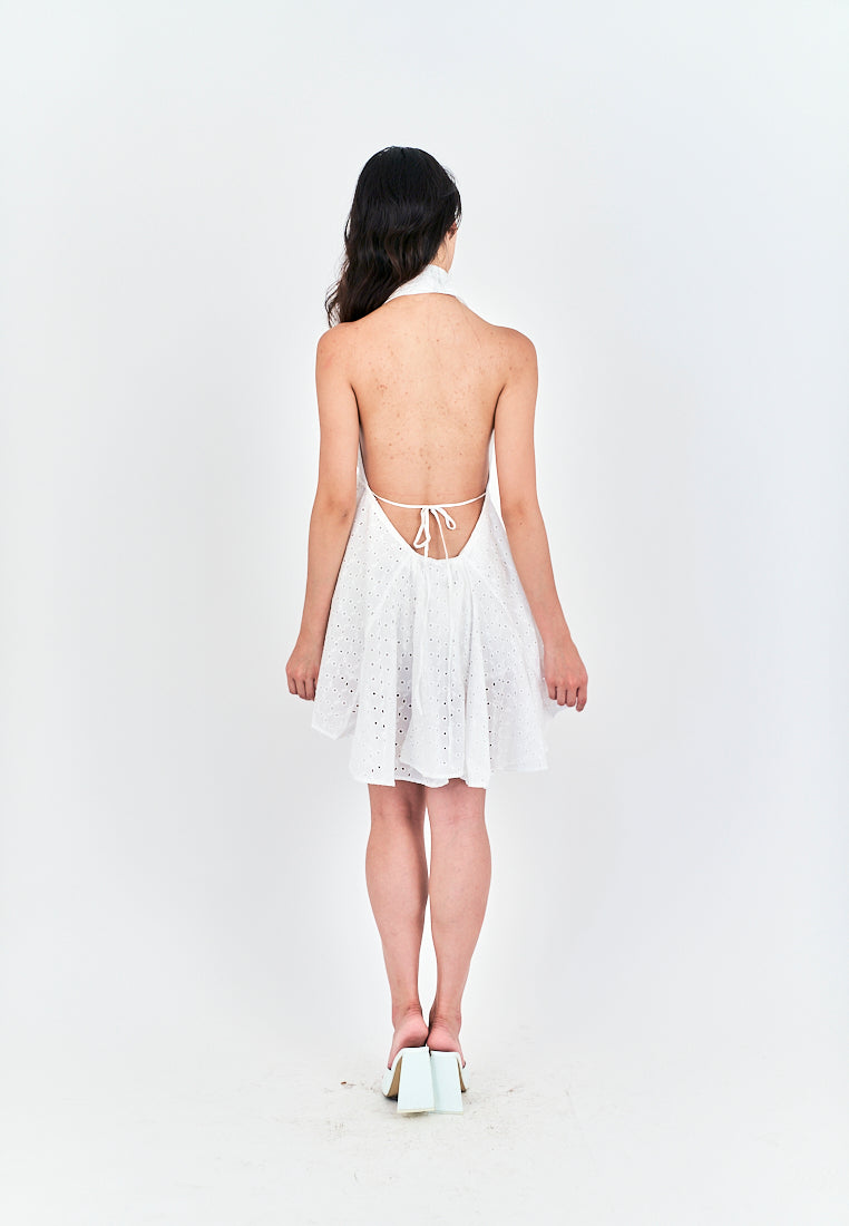 Jandra White Eyelet Sleeveless Halter Sexy Back Ruffle Hem Mini Dress