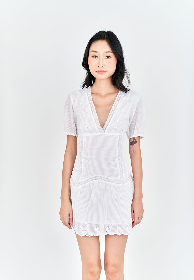 Crystalle White Eyelet V Neckline Short Sleeves Mini Dress&