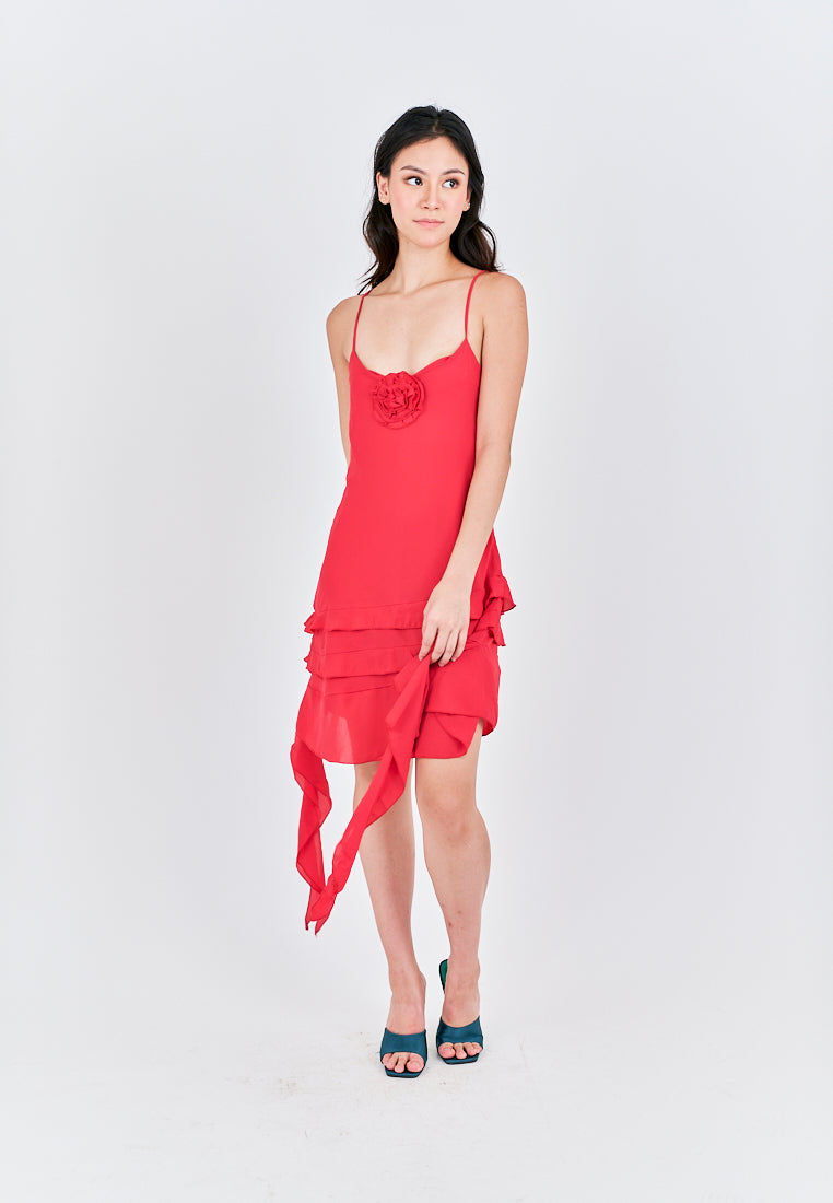 Fevie Fuchsia Pink V Neck Sleeveless Long Sides Asymmetrical Ruffled Hem Mini Dress
