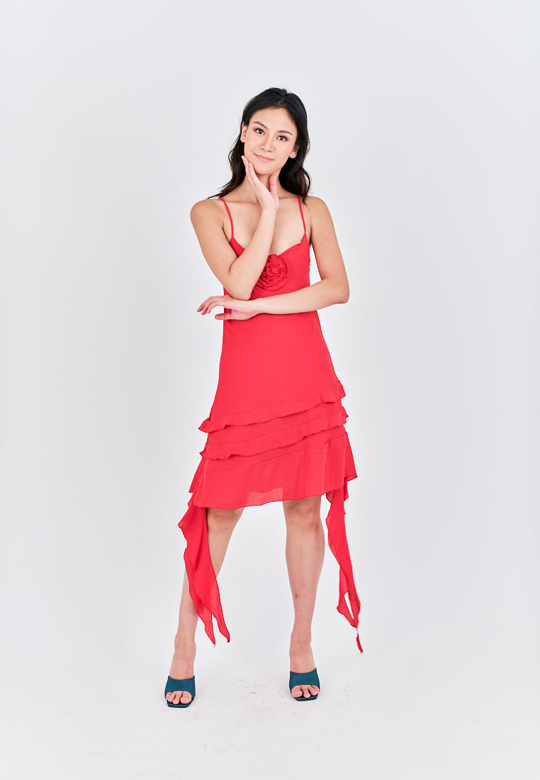 Fevie Fuchsia Pink V Neck Sleeveless Long Sides Asymmetrical Ruffled Hem Mini Dress