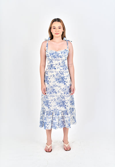 Lilah Light Blue Floral Self-tie All Over Print Ruffle Hem Midi Dress