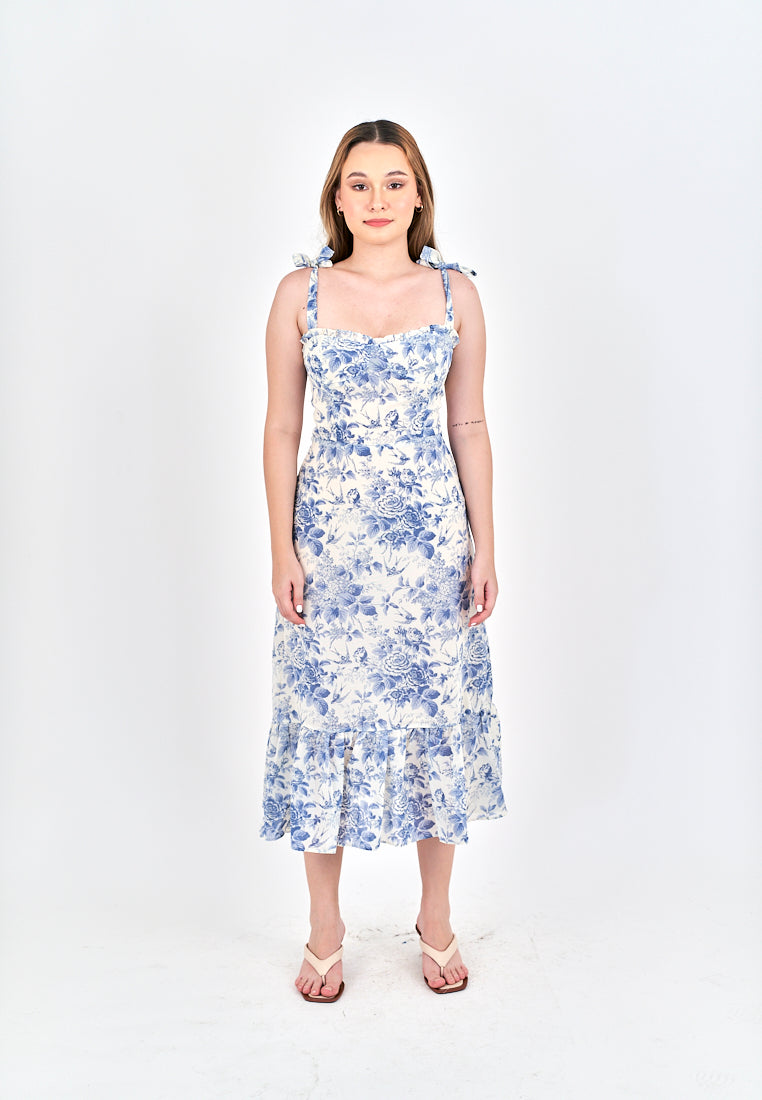 Lilah Light Blue Floral Self-tie All Over Print Ruffle Hem Midi Dress