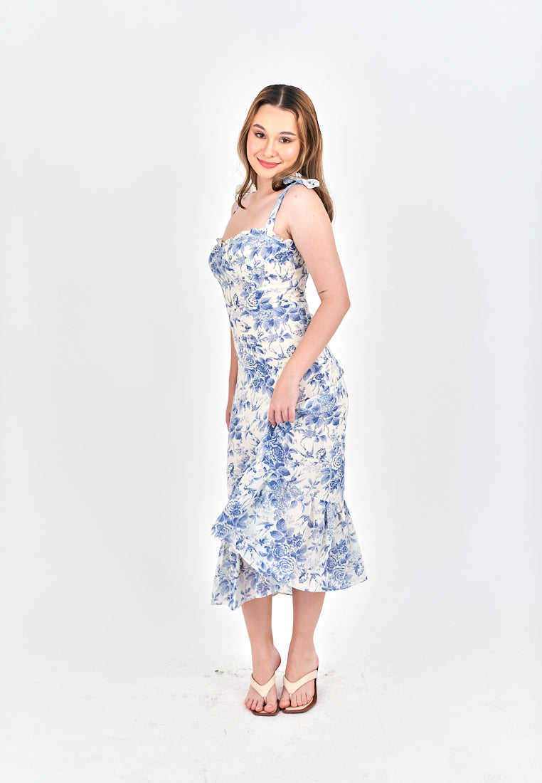 Lilah Light Blue Floral Self-tie All Over Print Ruffle Hem Midi Dress