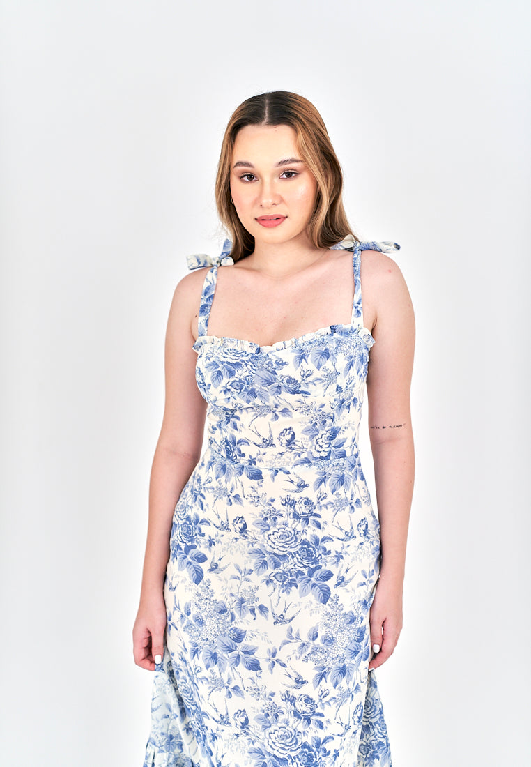 Lilah Light Blue Floral Self-tie All Over Print Ruffle Hem Midi Dress