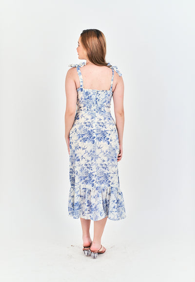 Lilah Light Blue Floral Self-tie All Over Print Ruffle Hem Midi Dress