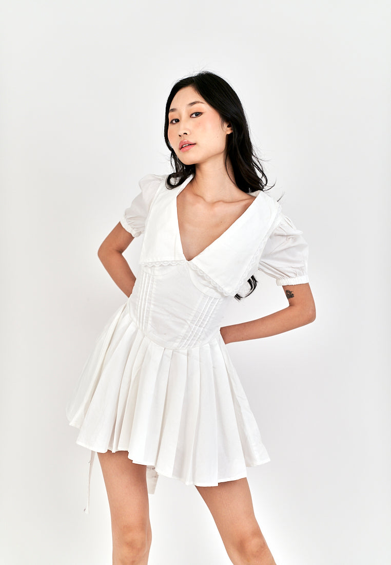 Ellisa White Collared Lace V Neck Bow Back Pleated Short Sleeves Mini Dress