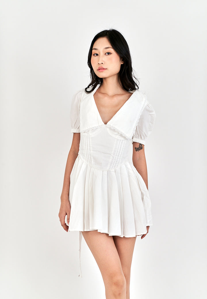 Ellisa White Collared Lace V Neck Bow Back Pleated Short Sleeves Mini Dress