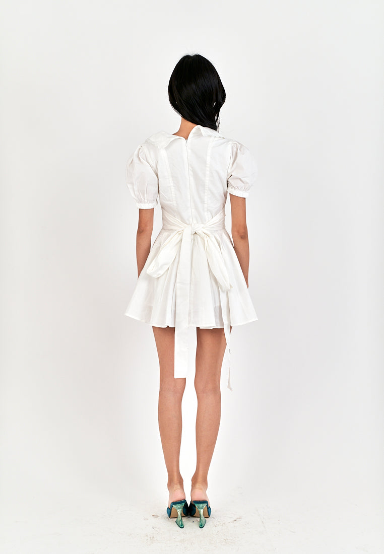 Ellisa White Collared Lace V Neck Bow Back Pleated Short Sleeves Mini Dress