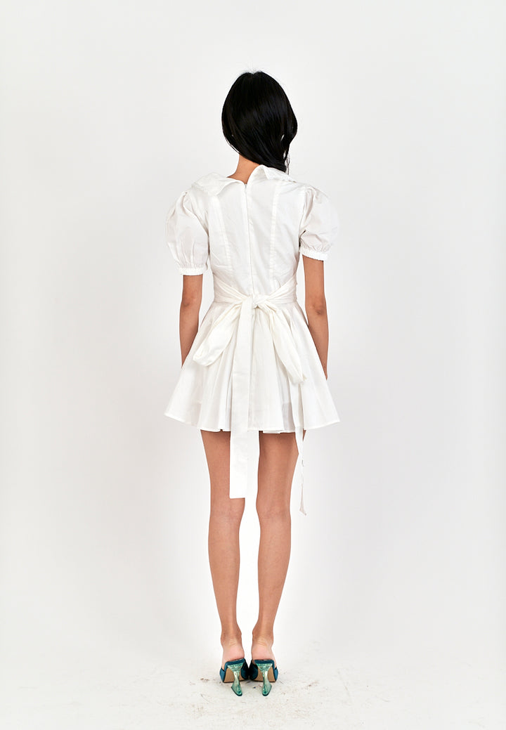 Ellisa White Collared Lace V Neck Bow Back Pleated Short Sleeves Mini Dress