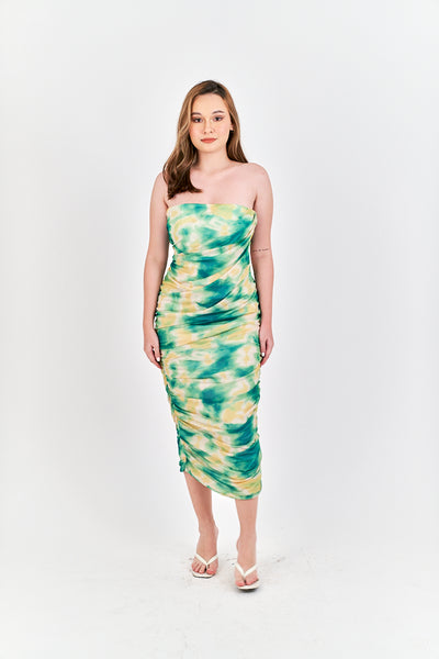 Hezekiah Green Tie Dye Ruch Side Zipper Bodycon Tube Mini Dress
