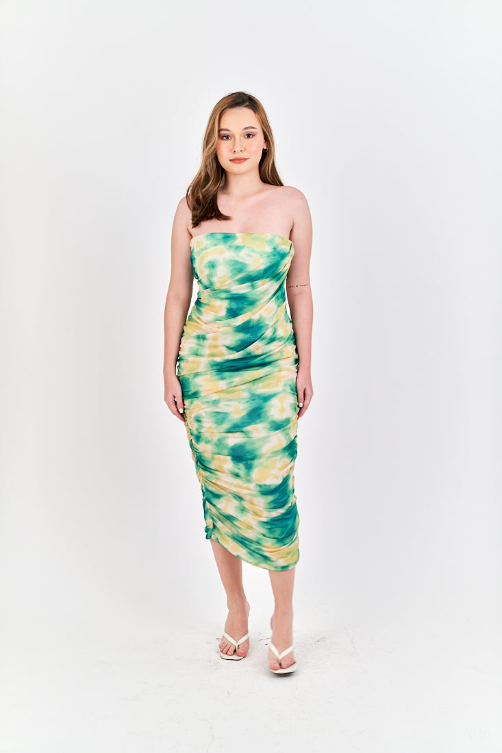 Hezekiah Green Tie Dye Ruch Side Zipper Bodycon Tube Mini Dress