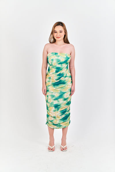 Hezekiah Green Tie Dye Ruch Side Zipper Bodycon Tube Mini Dress
