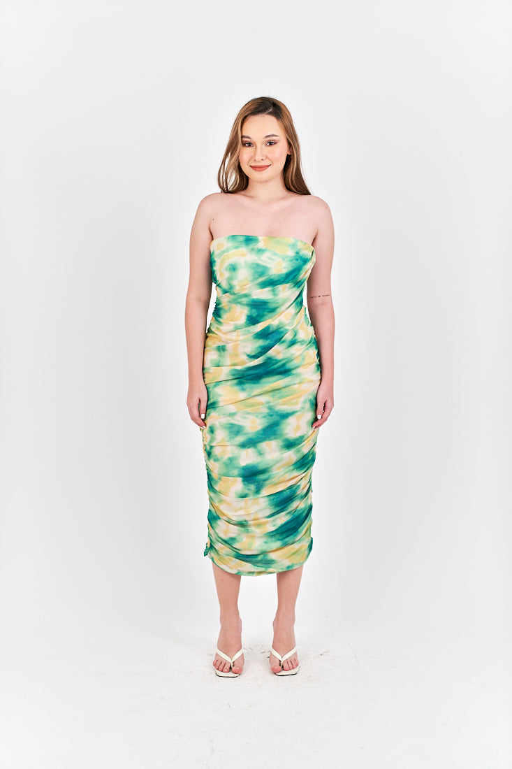 Hezekiah Green Tie Dye Ruch Side Zipper Bodycon Tube Mini Dress