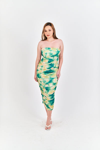 Hezekiah Green Tie Dye Ruch Side Zipper Bodycon Tube Mini Dress