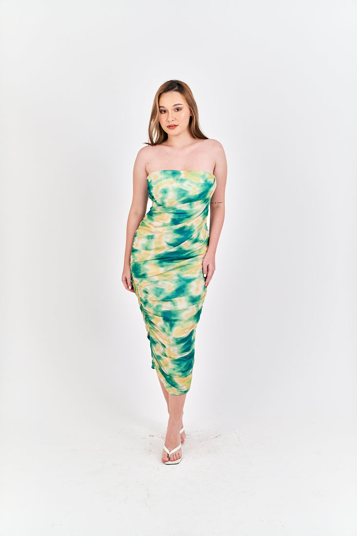 Hezekiah Green Tie Dye Ruch Side Zipper Bodycon Tube Mini Dress