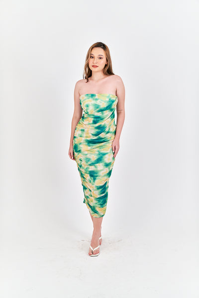 Hezekiah Green Tie Dye Ruch Side Zipper Bodycon Tube Mini Dress