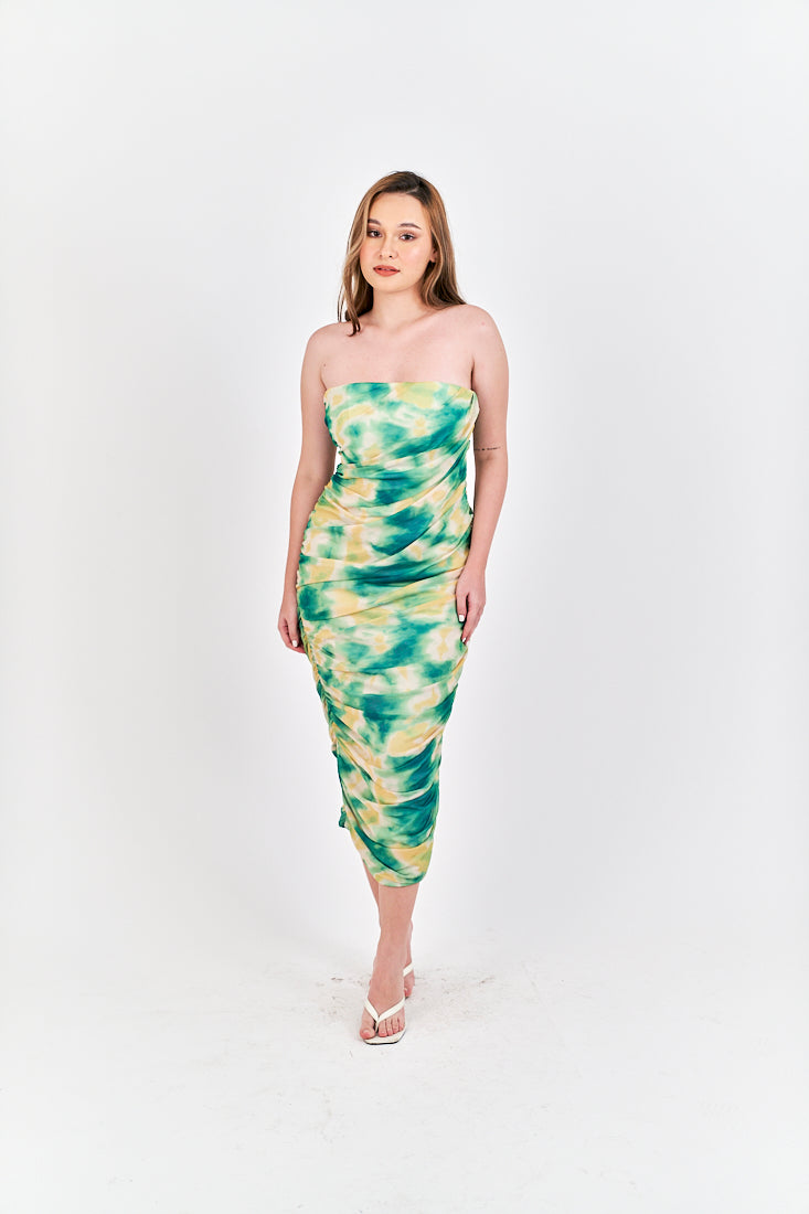 Hezekiah Green Tie Dye Ruch Side Zipper Bodycon Tube Mini Dress