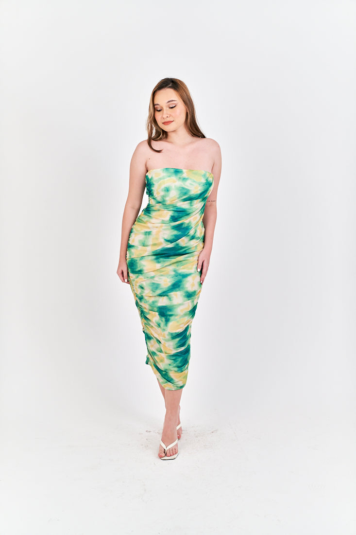Hezekiah Green Tie Dye Ruch Side Zipper Bodycon Tube Mini Dress