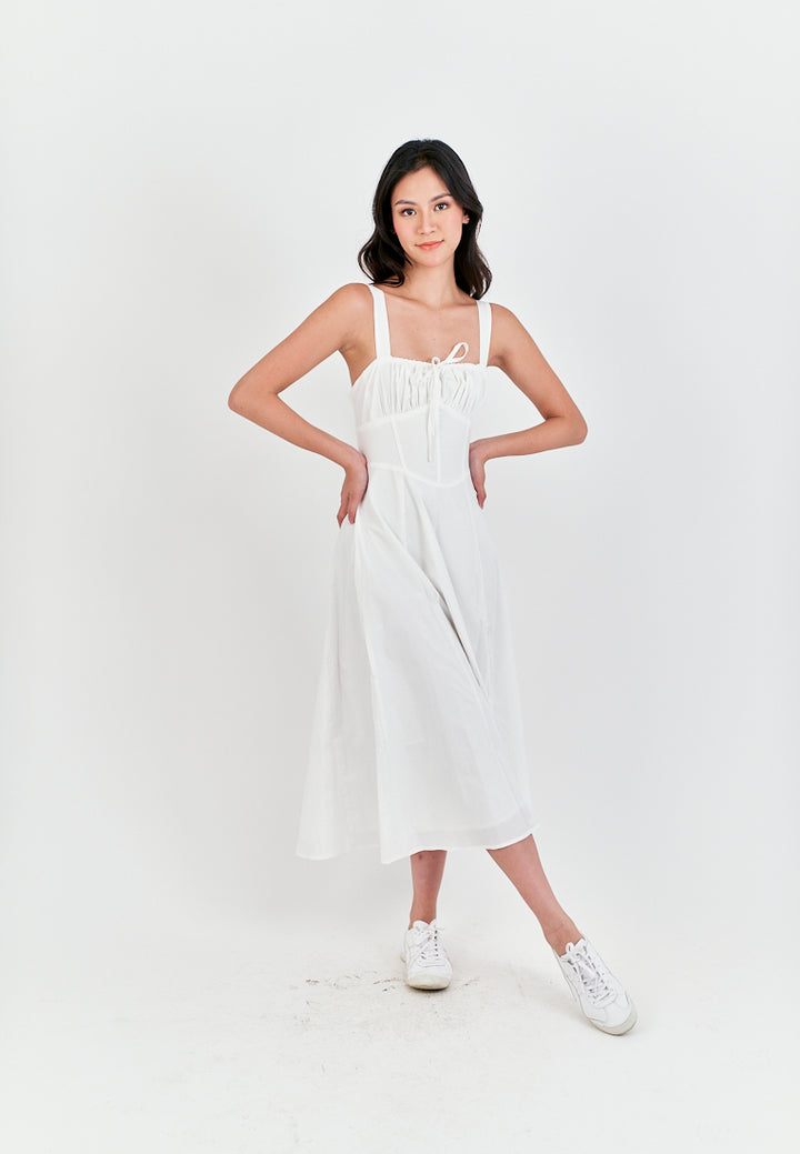 Lylie White Square Neck Tie Bust Shoulder Strap Side Zipper with Slit Midi Dress