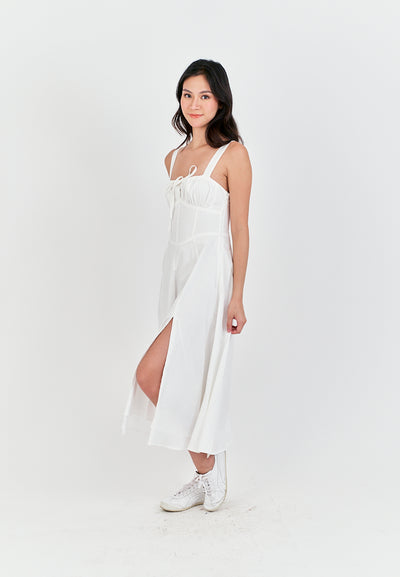 Lylie White Square Neck Tie Bust Shoulder Strap Side Zipper with Slit Midi Dress