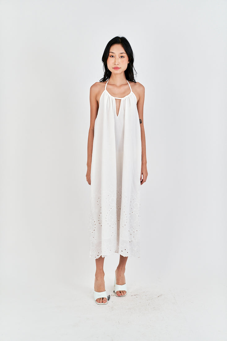 Leoria White Eyelet Halter Self Tie Strap Sexy Back Midi Dress