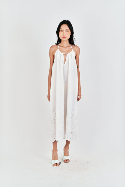 Leoria White Eyelet Halter Self Tie Strap Sexy Back Midi Dress