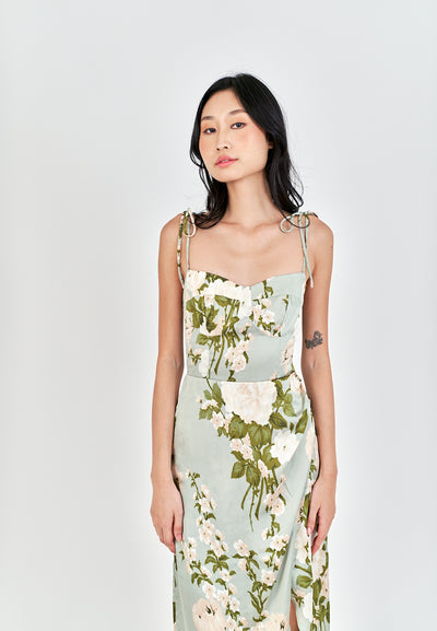 Astherielle Sage with White Floral Print  Self Tie Sleeveless Midi Dress with Slit