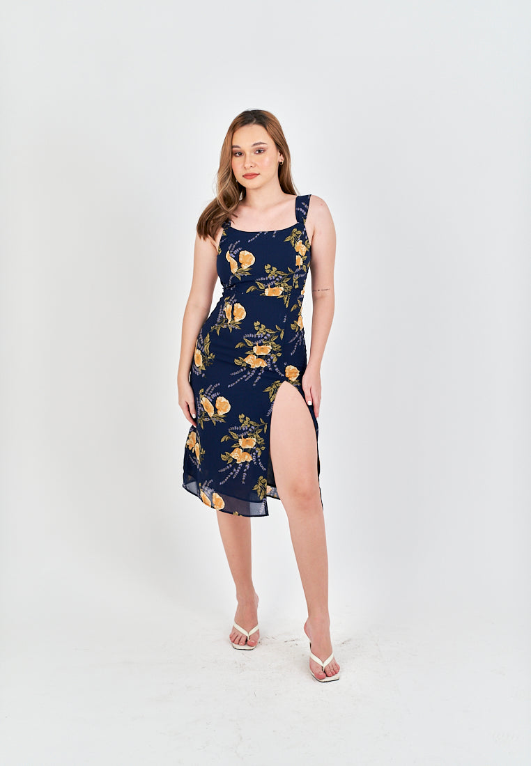 Seraphine Blue Floral Print Square Neck Side Slit Sleeveless Midi Dress