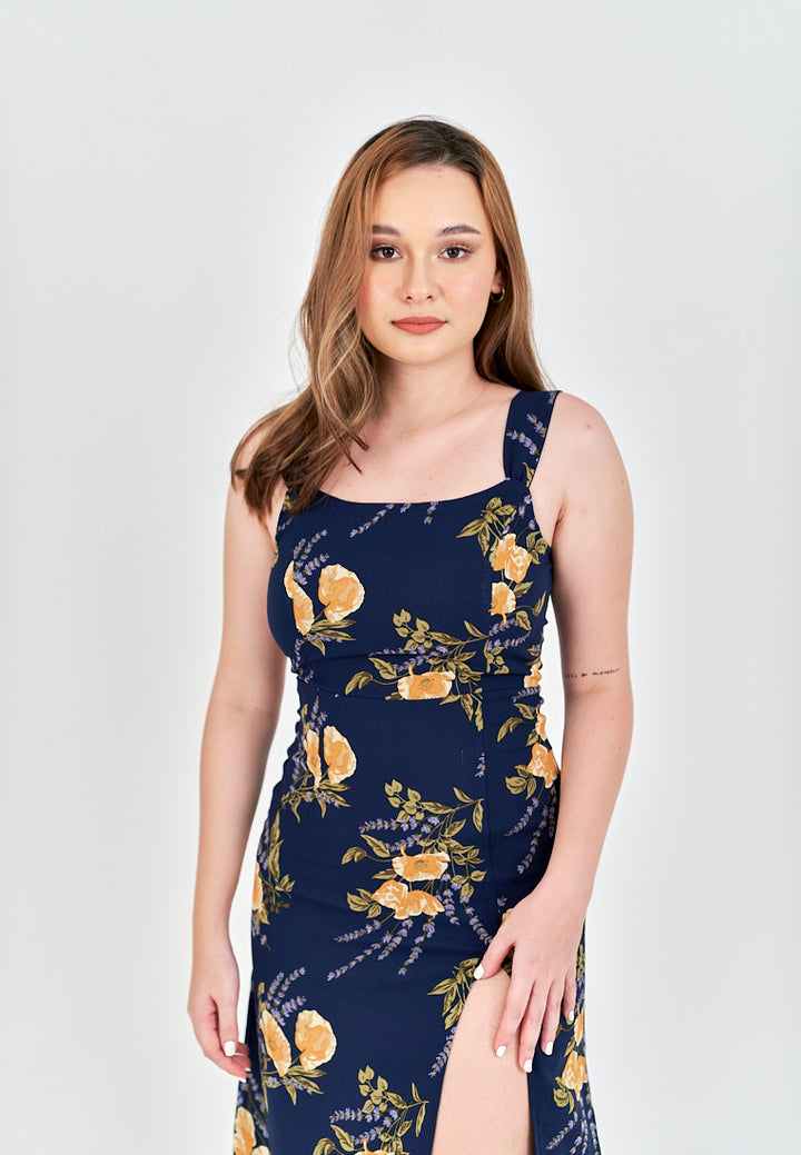 Seraphine Blue Floral Print Square Neck Side Slit Sleeveless Midi Dress