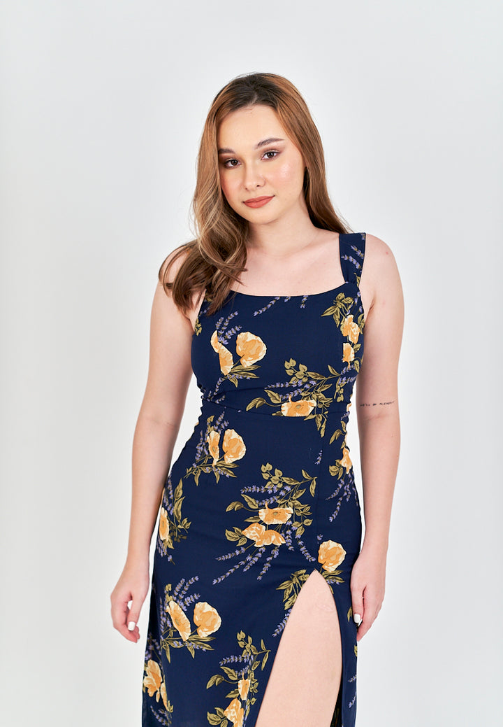Seraphine Blue Floral Print Square Neck Side Slit Sleeveless Midi Dress