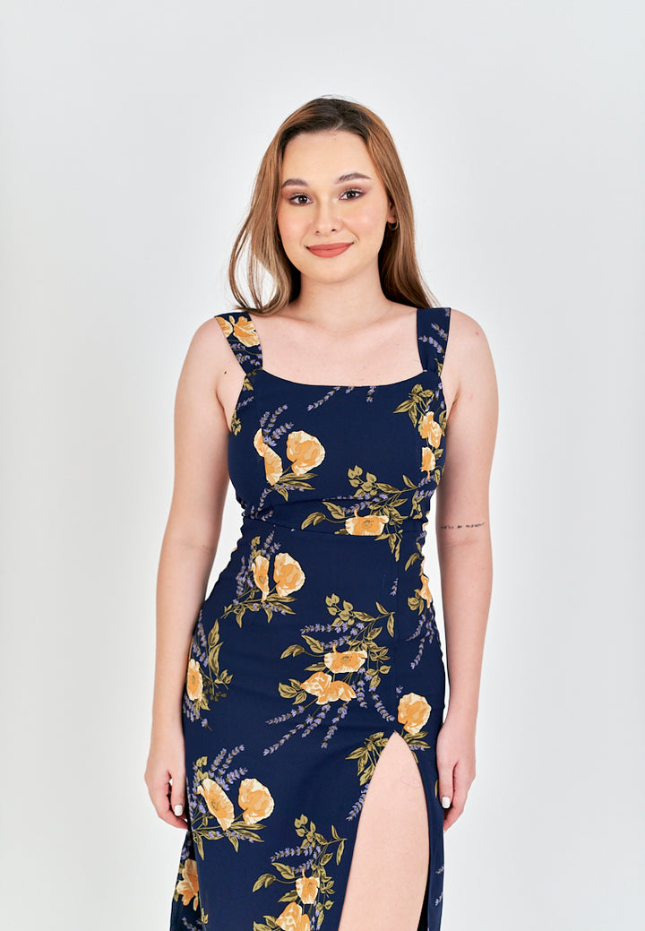 Seraphine Blue Floral Print Square Neck Side Slit Sleeveless Midi Dress
