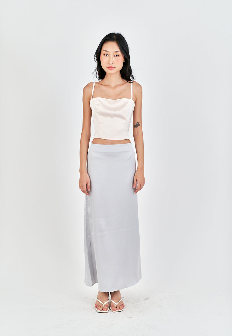 Evren Grey Satin Zipper Fly Midi Skirt