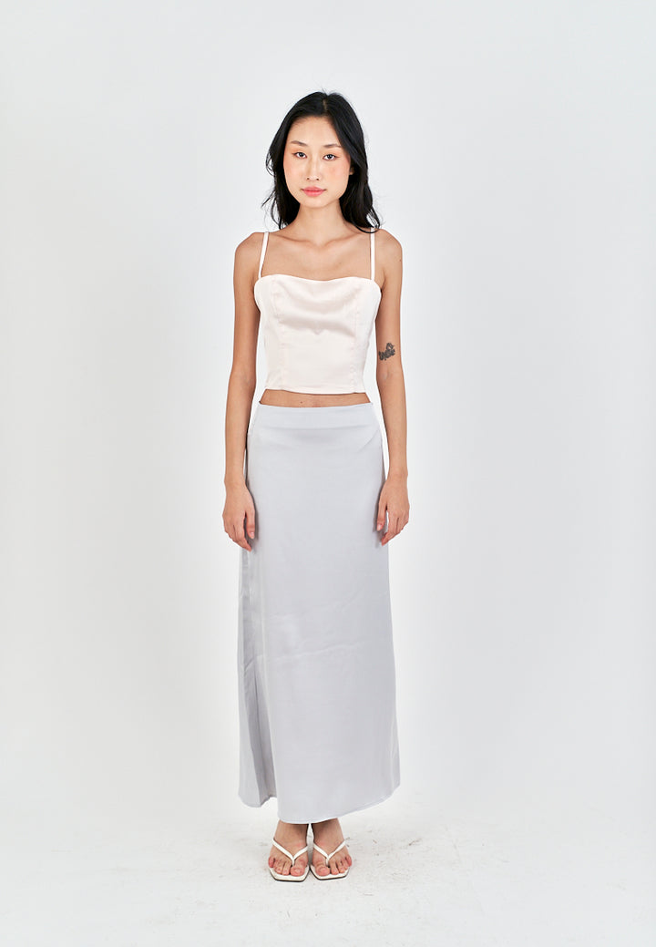 Evren Grey Satin Zipper Fly Midi Skirt