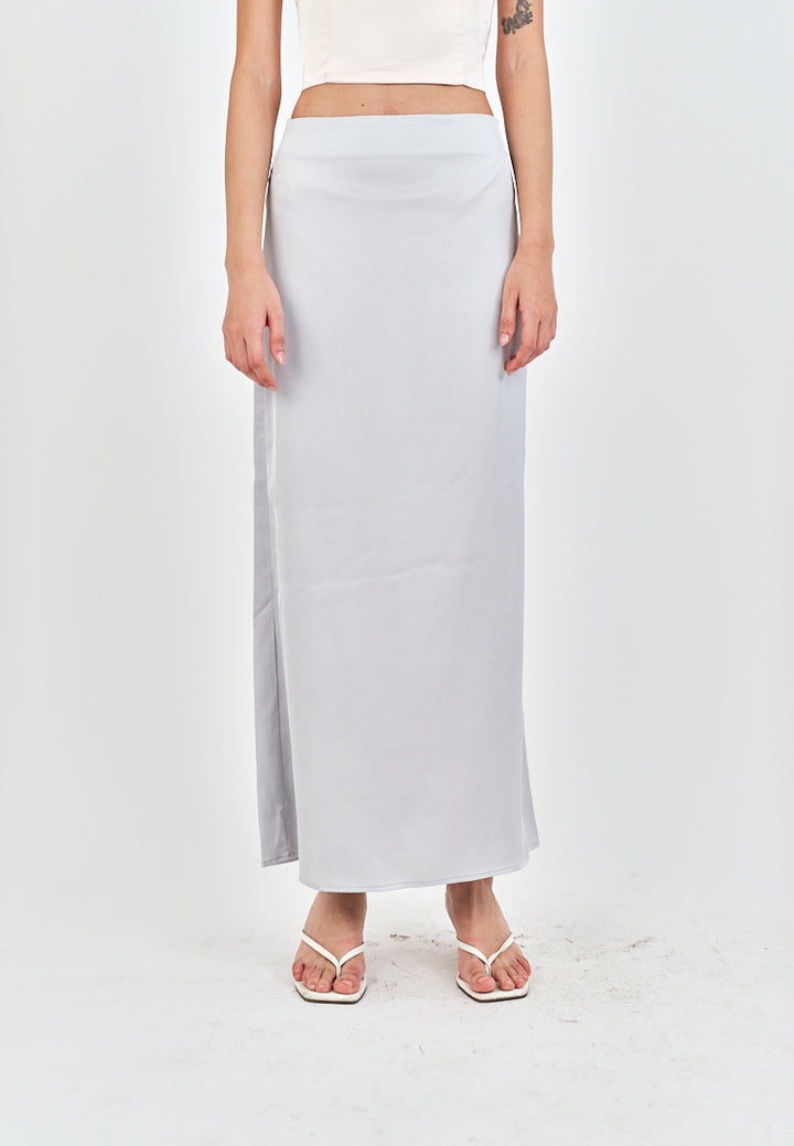 Evren Grey Satin Zipper Fly Midi Skirt