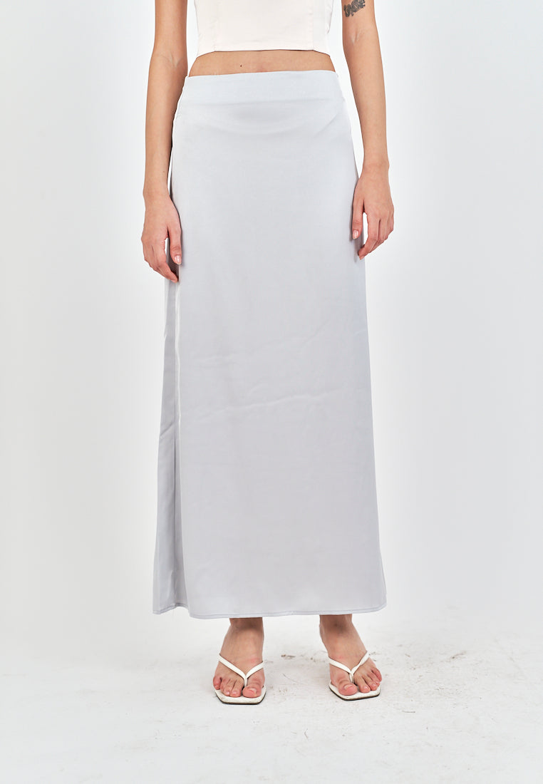 Evren Grey Satin Zipper Fly Midi Skirt