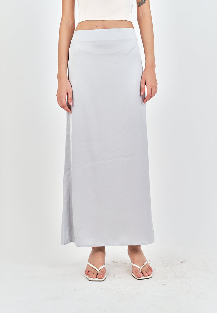 Evren Grey Satin Zipper Fly Midi Skirt