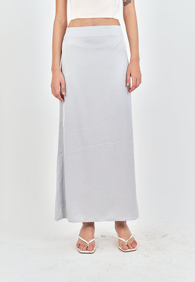 Evren Grey Satin Zipper Fly Midi Skirt