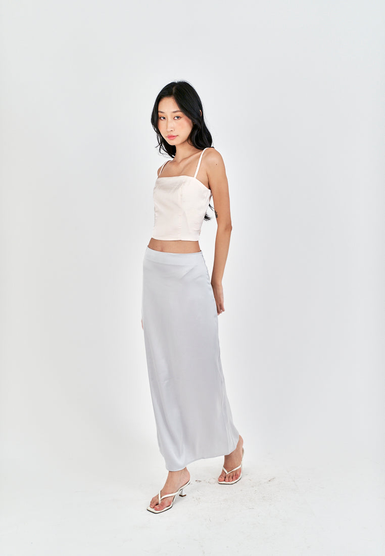 Evren Grey Satin Zipper Fly Midi Skirt