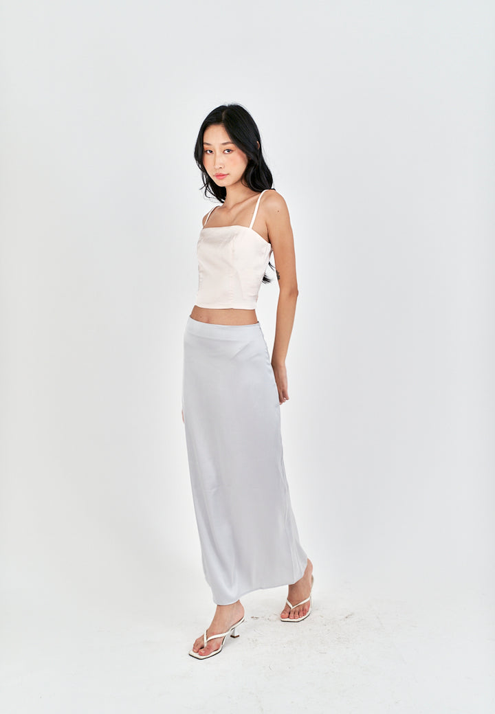 Evren Grey Satin Zipper Fly Midi Skirt