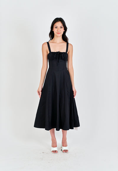 Lylie Black Square Neck Tie Bust Shoulder Strap Side Zipper with Slit Midi Dress