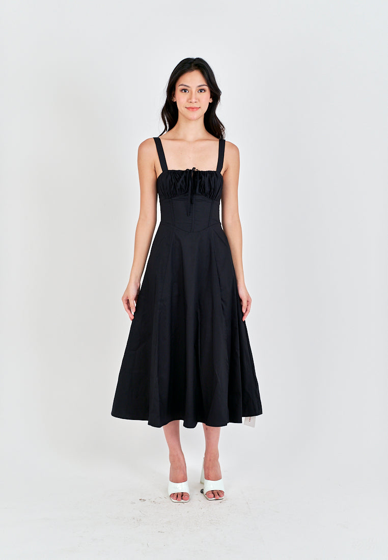 Lylie Black Square Neck Tie Bust Shoulder Strap Side Zipper with Slit Midi Dress