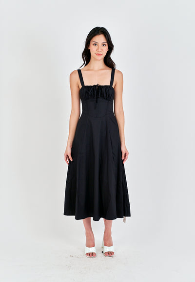 Lylie Black Square Neck Tie Bust Shoulder Strap Side Zipper with Slit Midi Dress