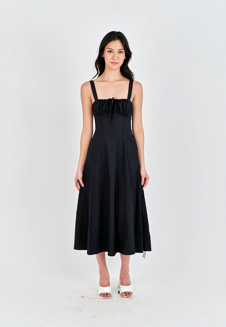 Lylie Black Square Neck Tie Bust Shoulder Strap Side Zipper with Slit Midi Dress
