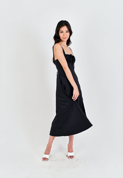 Lylie Black Square Neck Tie Bust Shoulder Strap Side Zipper with Slit Midi Dress