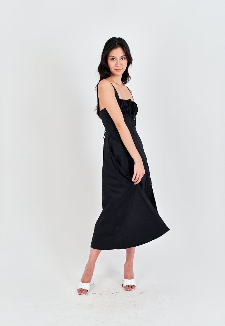 Lylie Black Square Neck Tie Bust Shoulder Strap Side Zipper with Slit Midi Dress