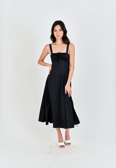 Lylie Black Square Neck Tie Bust Shoulder Strap Side Zipper with Slit Midi Dress