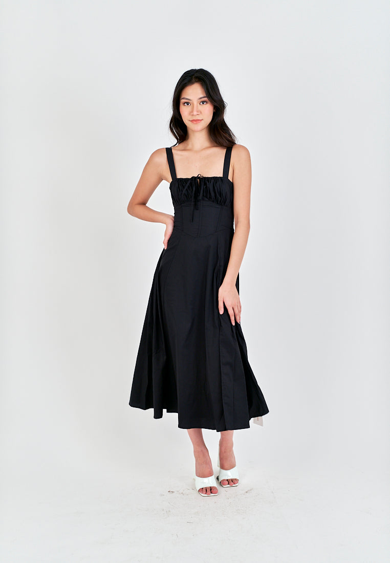 Lylie Black Square Neck Tie Bust Shoulder Strap Side Zipper with Slit Midi Dress