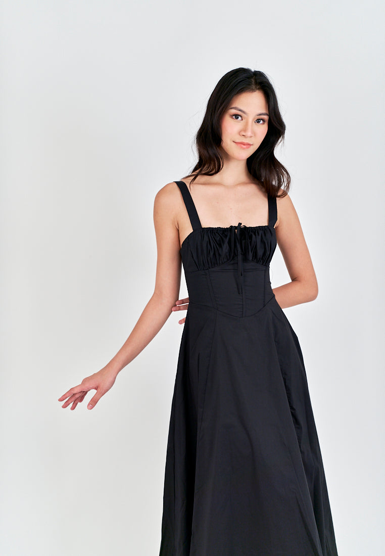 Lylie Black Square Neck Tie Bust Shoulder Strap Side Zipper with Slit Midi Dress
