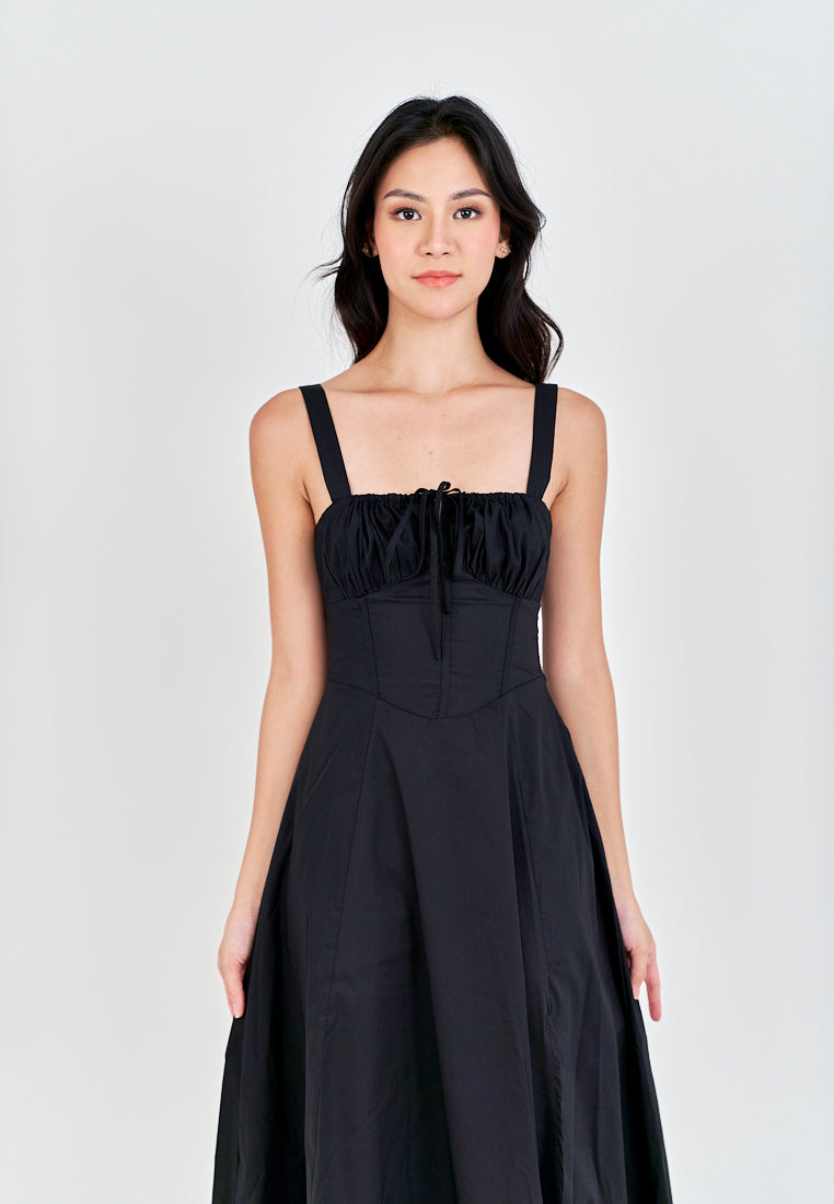 Lylie Black Square Neck Tie Bust Shoulder Strap Side Zipper with Slit Midi Dress